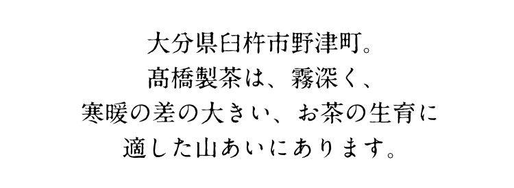 大分県臼杵市野津町。高橋製茶は、霧深く、寒暖の差の大きい、お茶の生育に適した山あいにあります。